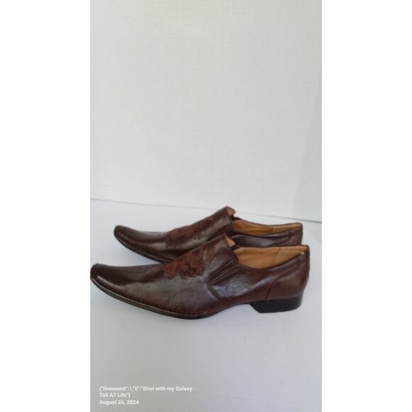 Elegant Brown Leather Slip-On Dress Shoes with Embroidered Detail Square‎ Toe main image 6